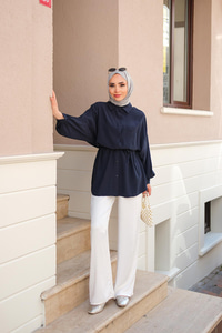 Bağlamalı İpek Gömlek Lacivert