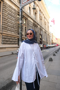 Bağlamalı Keten Gömlek Beyaz