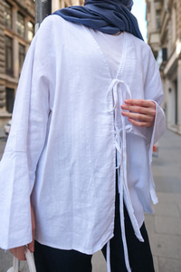 Bağlamalı Keten Gömlek Beyaz