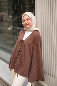 Bağlamalı Keten Gömlek Kahverengi