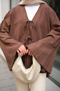 Bağlamalı Keten Gömlek Kahverengi