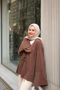 Bağlamalı Keten Gömlek Kahverengi