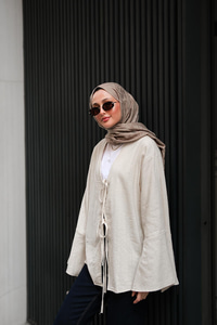 Bağlamalı Keten Gömlek Krem