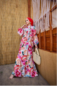 Bahar Çiceği Desen Elbise Fuşya