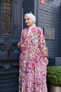 Bahar Desenli Elbise Fuşya