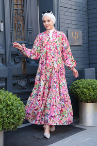 Bahar Desenli Elbise Fuşya