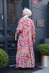 Bahar Desenli Elbise Fuşya