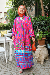 Baklava Desen Elbise Fuşya