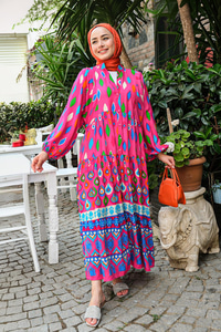 Baklava Desen Elbise Fuşya