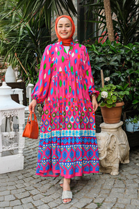 Baklava Desen Elbise Fuşya