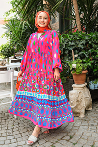 Baklava Desen Elbise Fuşya
