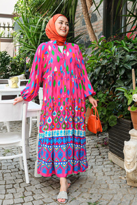 Baklava Desen Elbise Fuşya