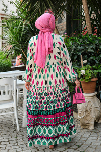 Baklava Desen Elbise Krem