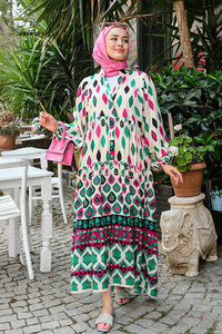 Baklava Desen Elbise Krem