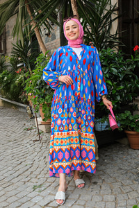 Baklava Desen Elbise Mavi