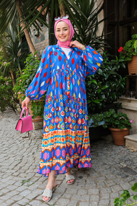 Baklava Desen Elbise Mavi
