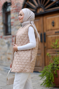 Baklava Desen İnce Yelek Krem