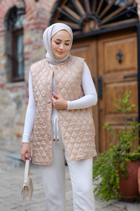 Baklava Desen İnce Yelek Krem