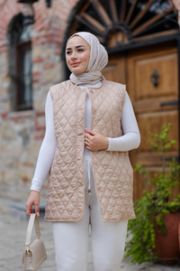 Baklava Desen İnce Yelek Krem