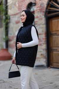 Baklava Desen İnce Yelek Siyah