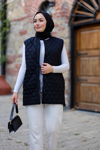 Baklava Desen İnce Yelek Siyah