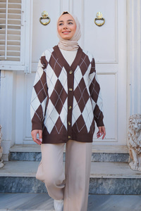 Baklava Desen Triko Hırka Kahverengi