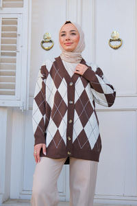 Baklava Desen Triko Hırka Kahverengi