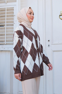 Baklava Desen Triko Hırka Kahverengi