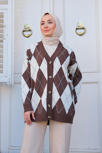 Baklava Desen Triko Hırka Kahverengi