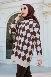 Baklava Desen Triko Kazak Kahverengi