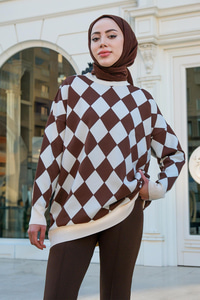 Baklava Desen Triko Kazak Kahverengi