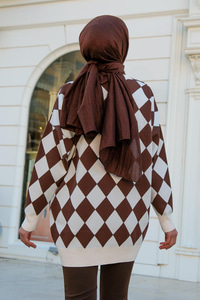 Baklava Desen Triko Kazak Kahverengi