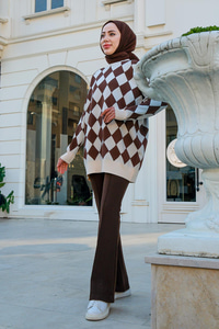 Baklava Desen Triko Kazak Kahverengi