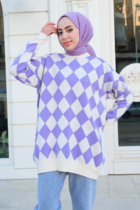 Baklava Desen Triko Kazak Lila