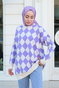 Baklava Desen Triko Kazak Lila