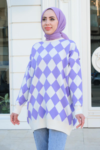 Baklava Desen Triko Kazak Lila