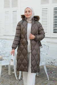 Baklava Desenli Bel Bağlamalı Mont Haki Yeşil