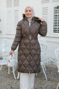 Baklava Desenli Bel Bağlamalı Mont Haki Yeşil