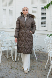 Baklava Desenli Bel Bağlamalı Mont Haki Yeşil