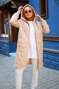 Baklava Desenli Kapişonlu Mont Krem