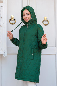 Baklava Desenli Kapişonlu Mont  Zümrüt Yeşil