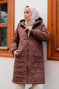 Baklava Desenli Kapüşonlu Mont Kahverengi