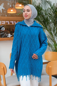 Baklava Desenli Püskül Detay Kazak Mavi