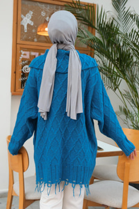 Baklava Desenli Püskül Detay Kazak Mavi