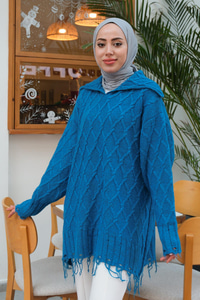 Baklava Desenli Püskül Detay Kazak Mavi