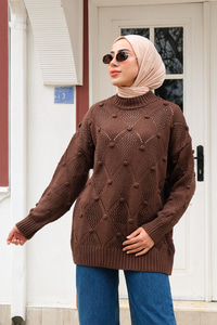 Baklava Desenli Triko Kazak Acı Kahve