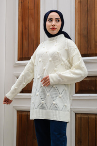 Baklava Desenli Triko Kazak Beyaz