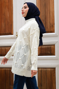 Baklava Desenli Triko Kazak Beyaz