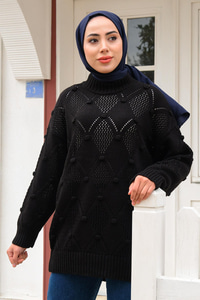 Baklava Desenli Triko Kazak Siyah