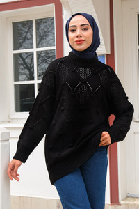 Baklava Desenli Triko Kazak Siyah